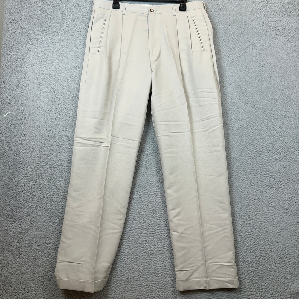NEW Haggar Dress Pants Mens 36X32 Relaxed American Fit Parchment Pleated Cuffed